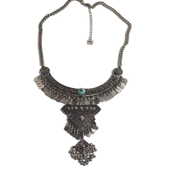 Max and Zoe Necklace Statement Bib Fringe Turqoise Silver Tone Boho - Picture 5 of 5